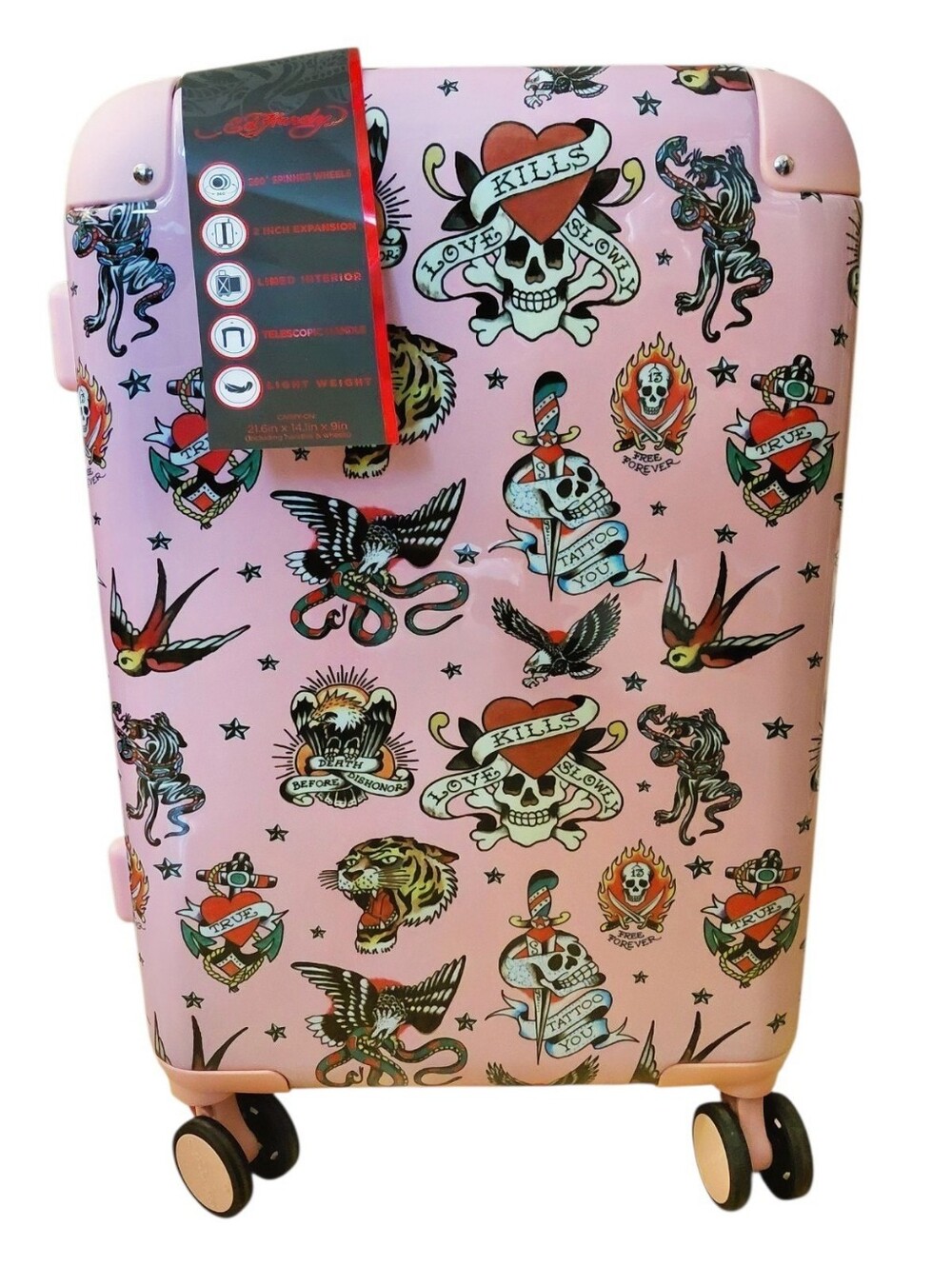 Ed Hardy Pink Tattoo Print Carry-On Spinner Luggage